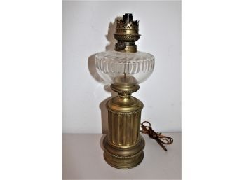 W & W Kosmos Cut Glass Font, Brass Base Oil Lamp Converted To Electric, 17'H   (441)