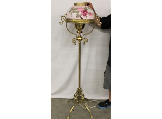 Awesome Brass Floor Lamp With Hand Painted Shade, Artist Signed, Amber Woodler, 66'H   (229)