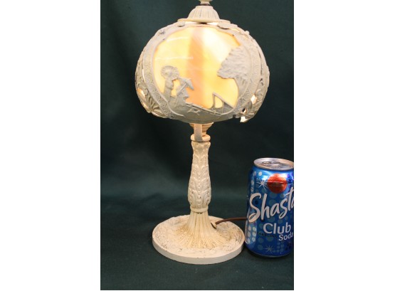 Antique Boudoir Lamp With Oriental Scene And Bent Glass Panels In Shade, 13'H, Working   (243)