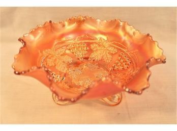 Large Footed Marigold Grape And Gable Carnival Glass Bowl, 8'D   (70)