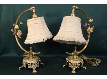 Pair Of Old Boudoir  Lamps With Fabric Shades And Porcelain Flowers, 16'H  (222)
