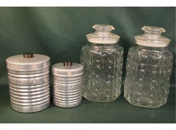 Pair Embossed Clear Glass Canisters,  Mid Century Pair Aluminum Coffee & Tea Canisters (299)