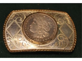 Antique Comstock Embossed Silver Belt Buckle W. 1880 Morgan Silver Dollar, Comstock Silversmiths(263)