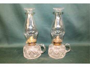 Antique Matching  Pair Of Pattern Glass Finger Oil Lamps, Queen Anne Burners, 10'H  (235)