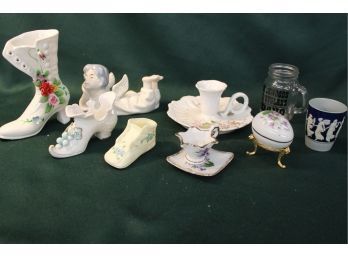 Assorted Glass & Porcelain Lot - Shoes, Candle, Tea Cup& Saucer, More   (201)