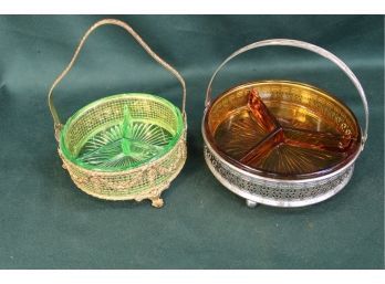 Vintage  Depression Era 2 Colored Divide Glass Inserts In Metal Baskets   (227)