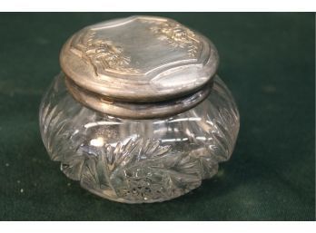 Antique Clear Pressed Glass Dresser Jar With Silverplate Lid, 3'H   (162)
