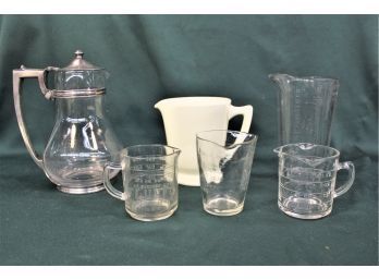 5 Glass & Creamware Measures & Glass Carafe/pitcher With Stopper, Rochester Tumbler Co.  (129)
