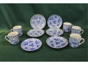 Vintage Nippon Blue & White Flying Phoenix 5 Demitasse Cups & 6 Saucers   (206)