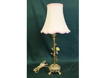 Antique Table Lamp With Porcelain Flowers And  Canterbury  Fabric Shade, 20'H   (247)