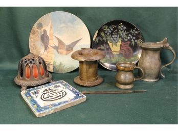 Misc.  Early Lot - Painted Composite Plates, Early Tile, Old Metal Cup, Metal Cuff, String Holder,   (133)