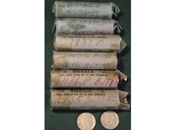 6 Rolls (40 Each) Buffalo Nickels, '35, '36, '37, $12.00 Face Value      (265)