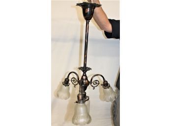 Beautiful Antique Burnished Brass Hanging Lamp With 3 Outside Lights And Middle Light, 32'H (240)