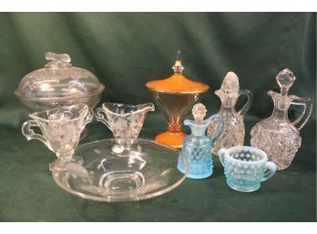 Assorted Glassware - 3 Pcs Heisey, 3 Cruets, Hobnail Cup, 2 Covered Footed Bowls   (276)