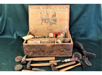 Antique  Wooden Siddalls Soap Box , Filled With Antique Cobbler's Tools, Box Is 16'x 10'x 6'H  (259)