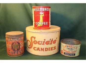 4 Antique Advertising Tins - Societe Candies, Boardman's Coffee, Caswell's & Hills Bros Coffee(173)