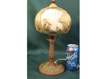 Antique Boudoir Lamp With Oriental Scene, Bent Glass Panels In Shade, 13'H, Working   (244)