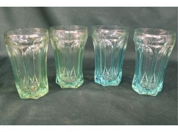 Vintage 2 Pair Heavy Glass Tumblers - 2 Green, 2 Blue, 5'H    (231)