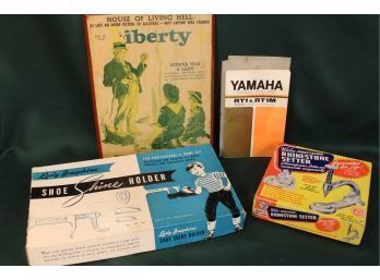 Vintage Shoe Shine Holder, Rhinestone Setter, Yamaha Manual, Liberty Print On Board  (286)