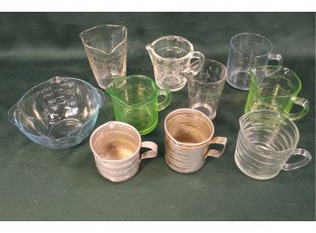 10 Antique Kitchen Measures - 2 Green Glass, 2 Fire King Blue, Eastman Kodak Co., 3 Glass, 2 Metal  (126)