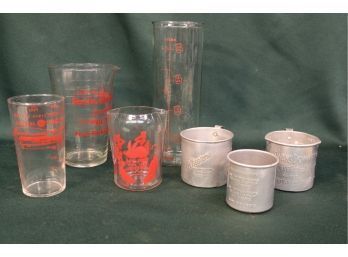 7 Antique Kitchenware  Measures- 4 Glass, 3 Metal, GE, Sacto Glass & Crockery Co, My Pet Cup   (131)