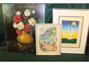 2 Framed Pictures, Hawaii Watercolor And Print, & Unframed Oil On Canvas, Thomas Zachery  (43)