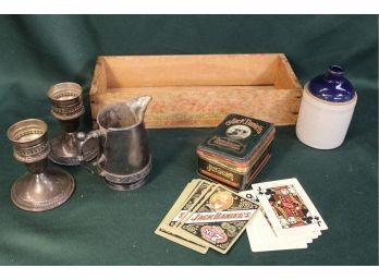 Misc Lot - Wood Cheese Box, Weighted Sterling Candle Holders, SP Pairoint Creamer, Sm Syrup Jug, (287)