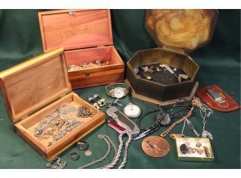 3 Jewelry Boxes (one Lane Salesman's Sample) With Contents - Watches, Coins, Jewelry, Pocket Knive   (273)