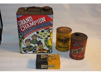 Vintage Grand Champion Special Motor Oil Can, Lion Head & Pennzoil Cans .....