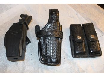 Authentic Police Basket Weave Black Leather Pistol, Ammo & Pepper Spray Holsters
