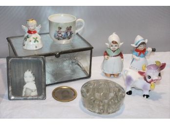 2 Vintage Dutch Maid Figurines,  Etched Glass Jewelry Box And More