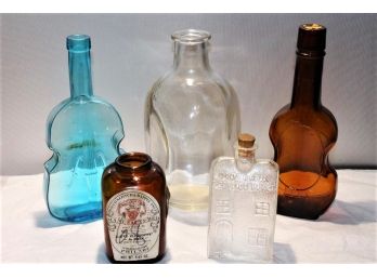 Old Cabin & Violin Figural Bottles, Old Snuff  And Pinch Bottles