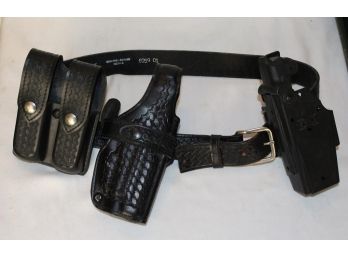 Police Black Leather Basket Weave Duty Belt With Holsters And Pouch