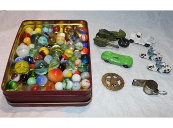 Vintage Toy Lot - Marbles, Cast Iron Motorcycle Cops, Texas Ranger Badge Etc