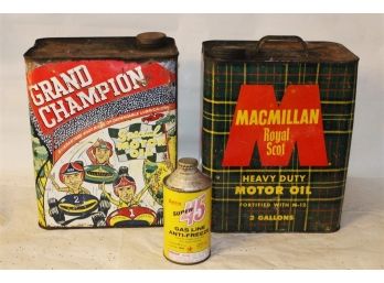 Vintage Grand Champion And MacMillan 'royal Scott' Oil Cans