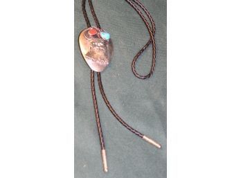 Antique Native American Silver, Turquoise And Coral Bolo Tie (168)