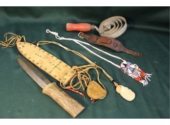 11' Antler Handled Knife & Sheath, Hide Scraper, Beaded Necklace, More  (114)