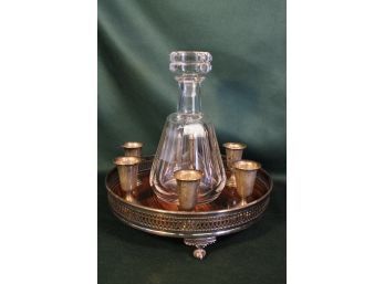 Baccarat Crystal Decanter W/original Stopper & 6 Sterling Cordials On Sheffield Silver Serving Tray  (33)