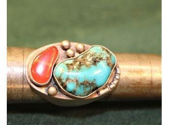 Antique Native American Heavy Silver, Turquoise & Coral  Finger Ring (172)