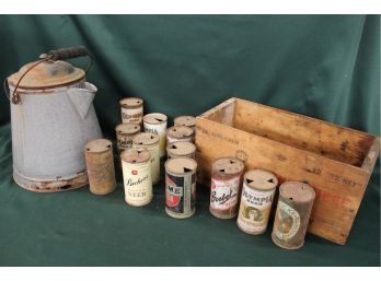 Antique Grey Enameld Coffee Pot (as Is) & 13 Vintage Beer Cans, Woo Corned Beef  Adv. Box     (318)