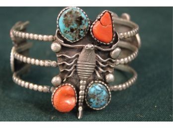Beautiful Antique Silver,  Turquoise & Coral  Scorpion & Lizard Cuff Bracelet, Loose Solder Joint (151)