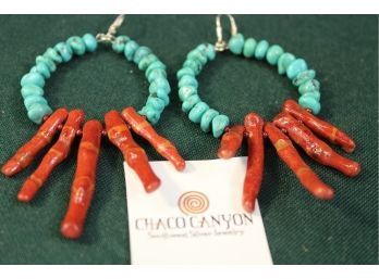 Antique Chaco Canyon Pair Of Of Turquoise &  Coral Earrings(143)