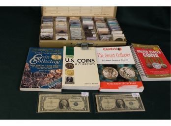 Coin Collection -coins, Currency, Medals, Tokens, Stamps In Metal Box  & 4 Coin Books  (40)