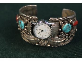 Antique Navajo Ornate Silver, Turquoise And Coral Cuff With Timex Watch, Sgnd Fred James (139)