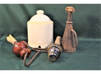 Antique Mixed Lot: 2 Ceramic Insulators, Hay Hook, Top To Watering Crock, Conical Railroad Torch  (276)