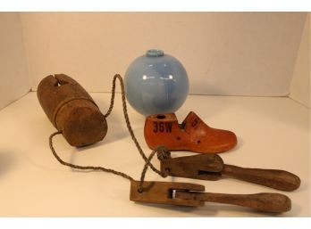Antique Lightening Rod Blue Glass Ball, Child's 5.5 Shoe Lath,  Primitive Wood Tool   (391)