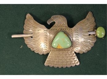Antique Sterling Silver &  Turquoise Thunderbird Hair Clip, Old Pawn, Original Pin (203)