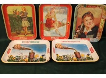 Group Of 5 Metal Coca Cola Advertising Trays,(girl In Snow Dated 1941)      (362)