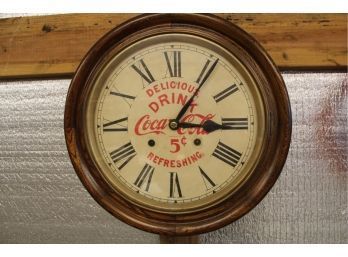 Antique Oak Working Coca Cola Spring Driven Advertising Clock, Time And Strike, With Key, 15'D     (264)