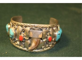 Antique Navajo Cuff Bracelet, Silver Turquoise, Coral And Claw, Sgnd Lee Thompson(163)